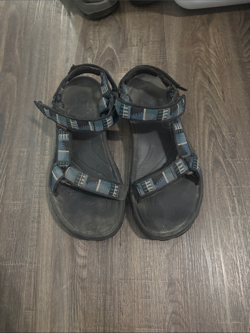 Teva Men's Black Sandals with Blue Patterned Straps